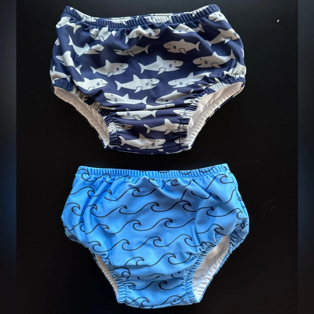 Blue and Navy Shark/Wave Print Kids Swim Diapers - 3T